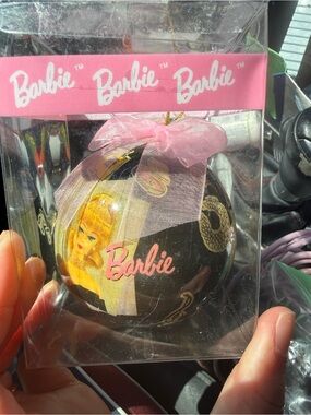 Barbie Black and Pink Retro Logo Ornament with Sheer Bow